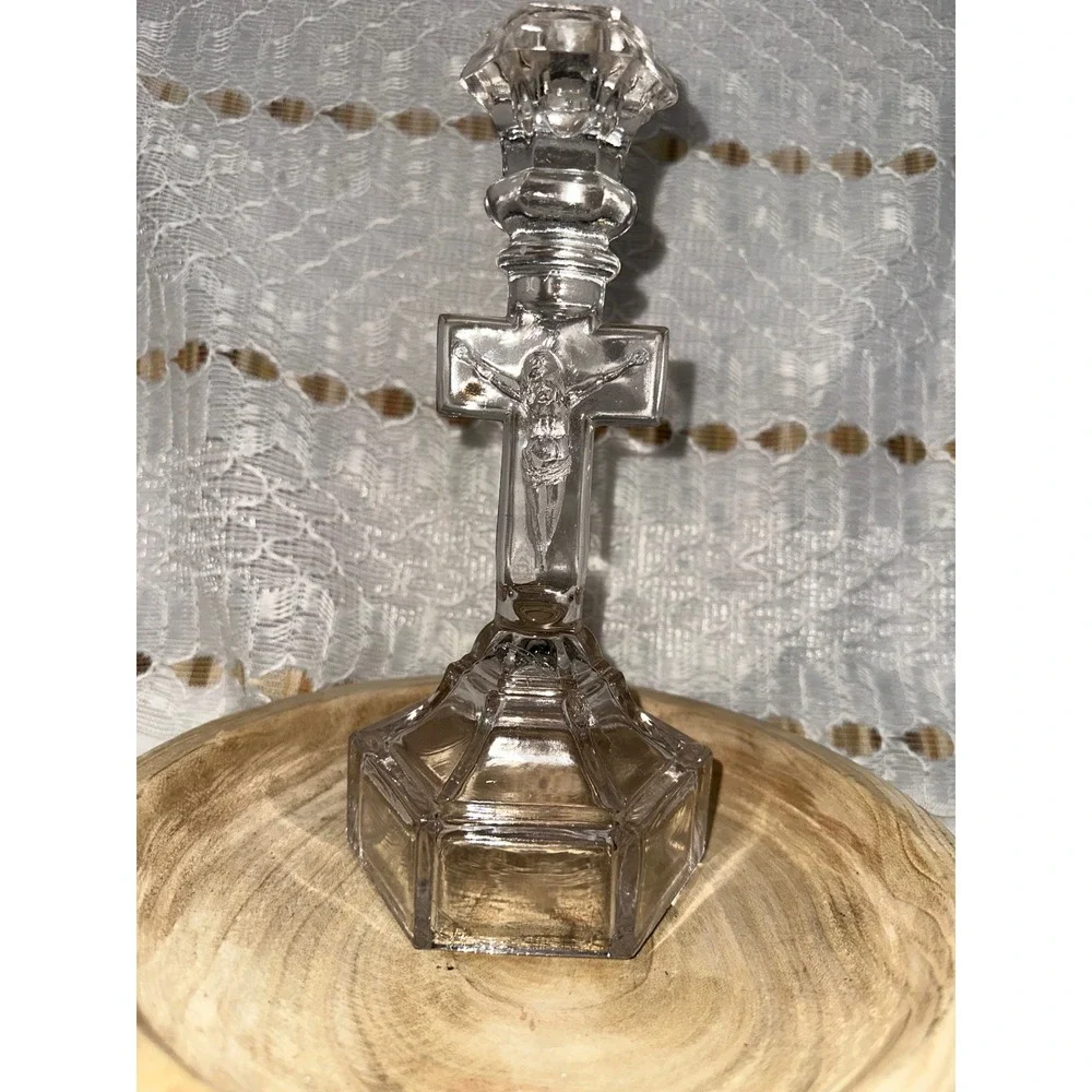Clear Crystal Jesus‎ Crucifix Candlestick Holder Religious Decor